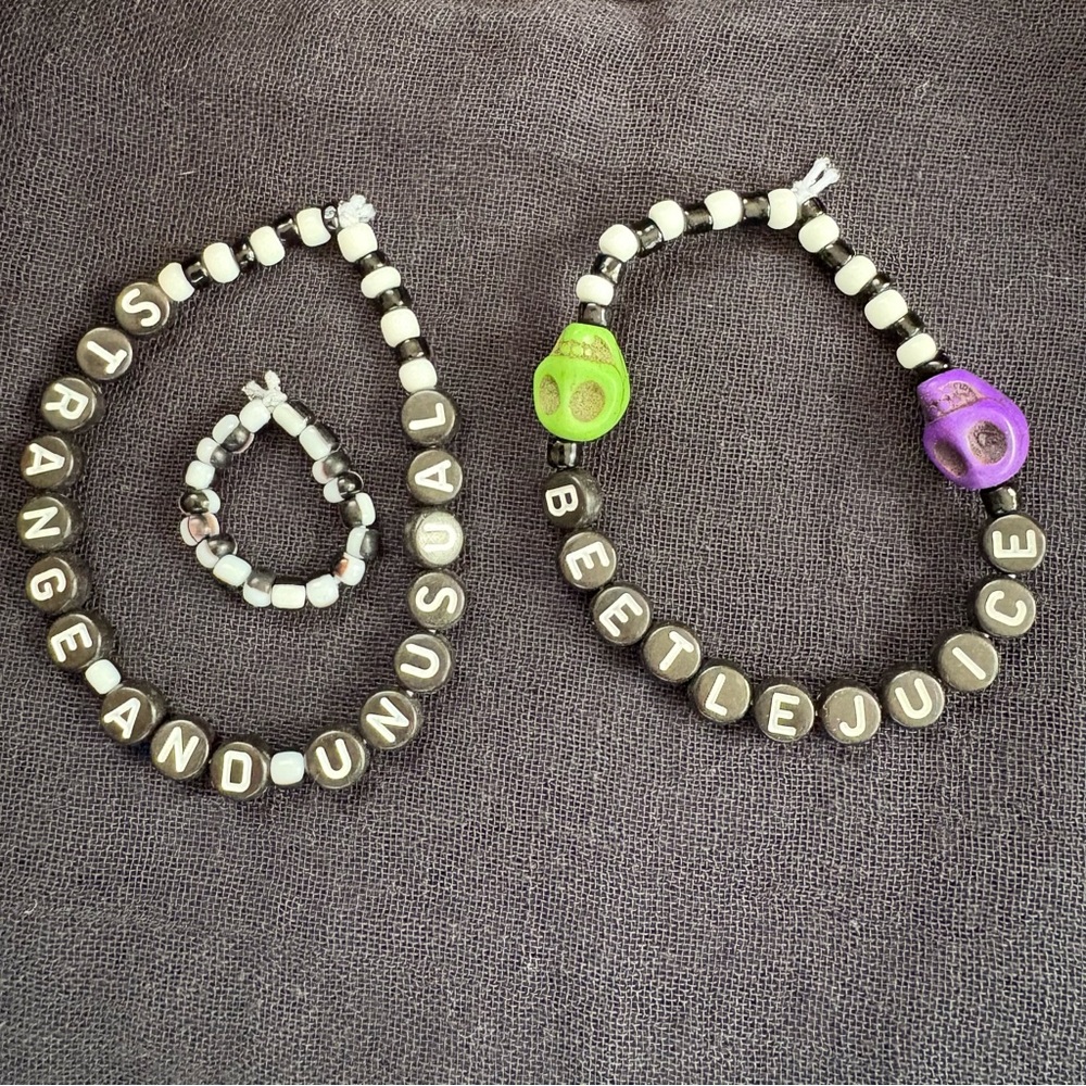 BEETLEJUICE! Strange and Unusual, Set of 2 Stretch Bracelets & ring. Halloween